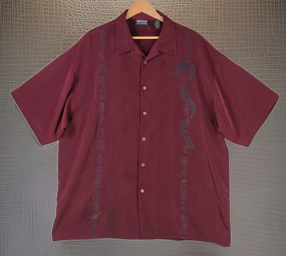 Novin Collection Vintage Men's XXL Chinese Dragon Streetwear Short Sleeve Maroon